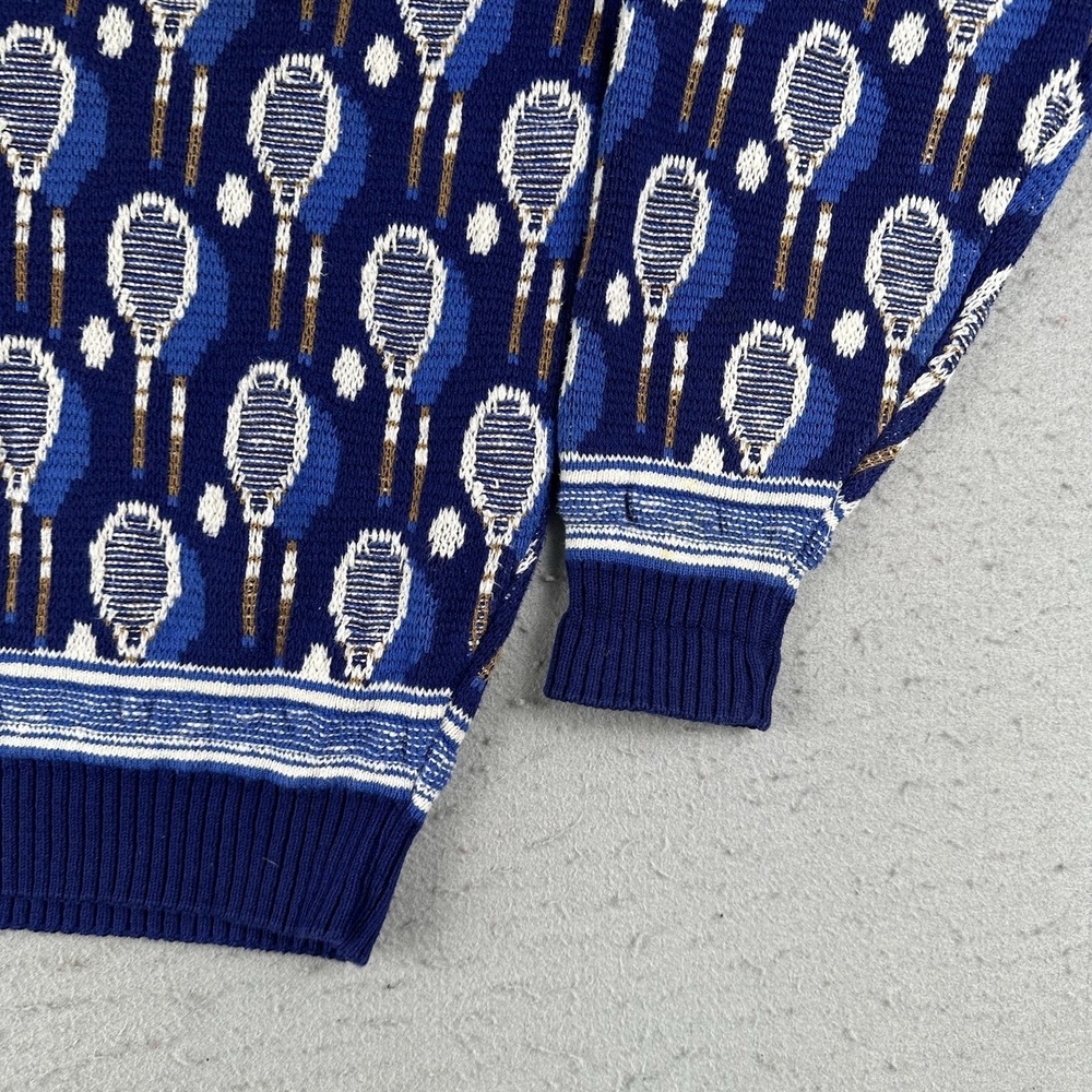 Vintage Tennis Sweater Men's Medium Blue AOP Racket V Neck Knit Pullover - Picture 2 of 16
